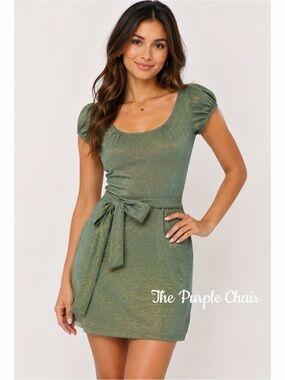 ANJALI KUMAR Green Shimmer Puff Sleeve Tie Waist Dress M